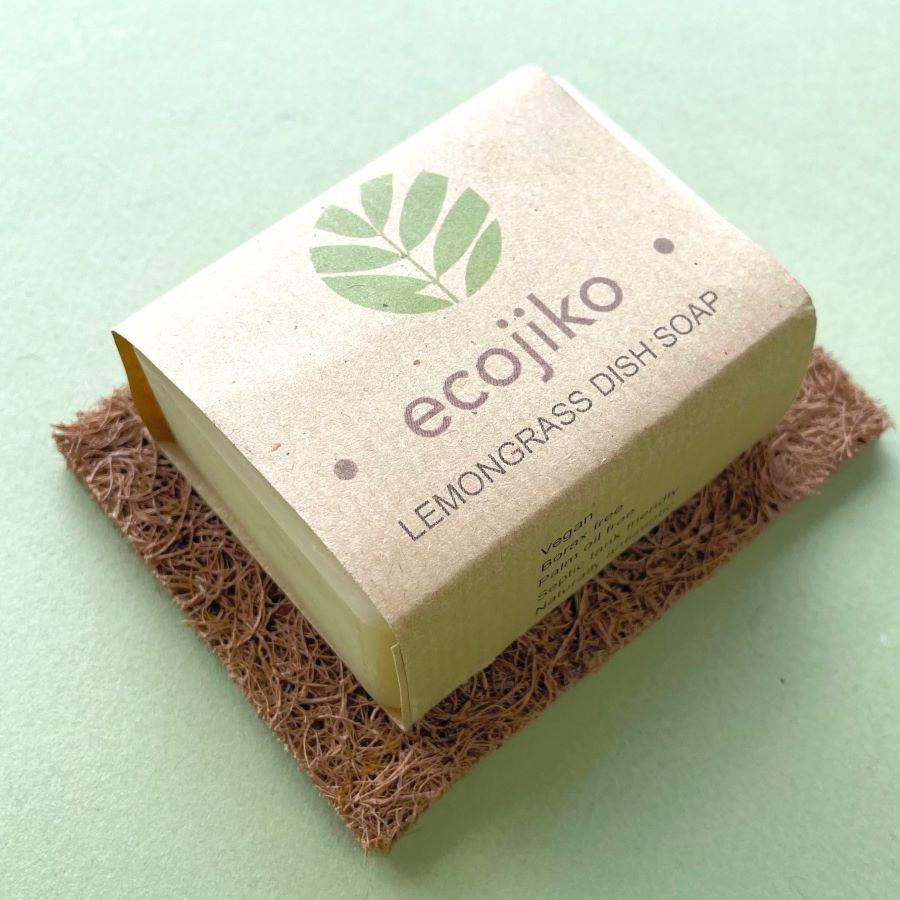 Thumbnail: Bar of lemongrass dish soap resting on a coconut coir soap rest