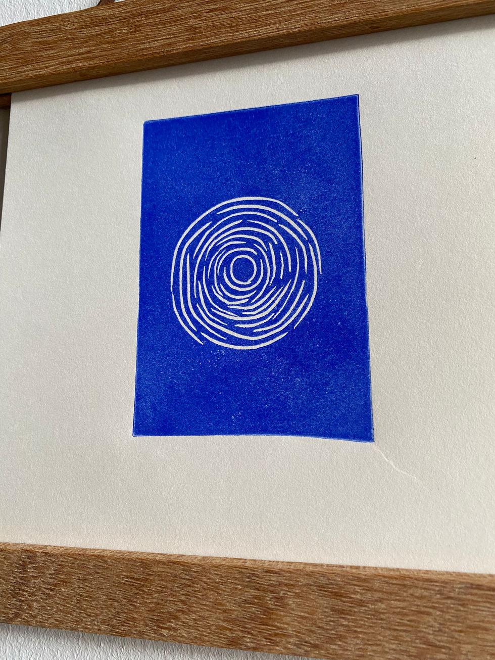 blue linocut print of small white circles
