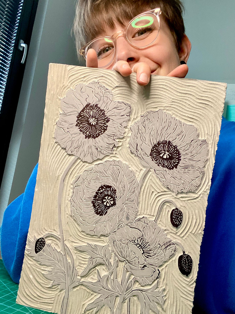 Red Poppy carved linocut block