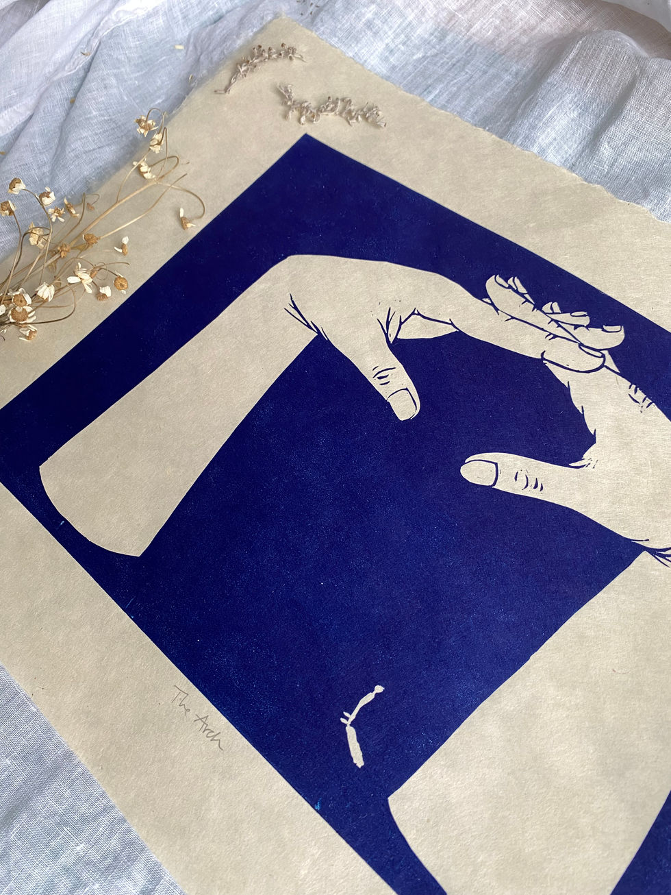 dark blue linocut print of two hands formed into an arch