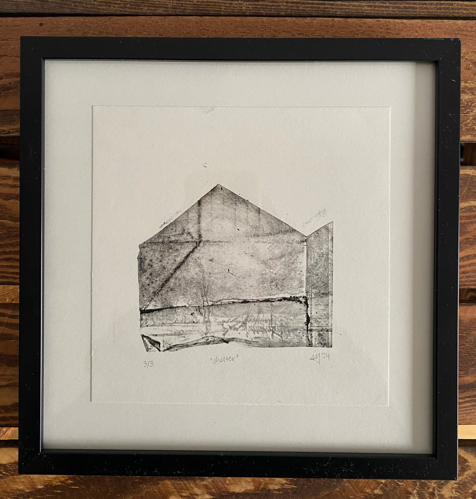 Monochromatic collagraph print depicting an abstract shelter