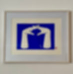 Abstract linocut print, two hands on bright blue