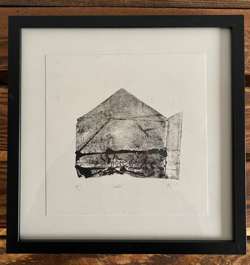Monochromatic collagraph print depicting an abstract shelter