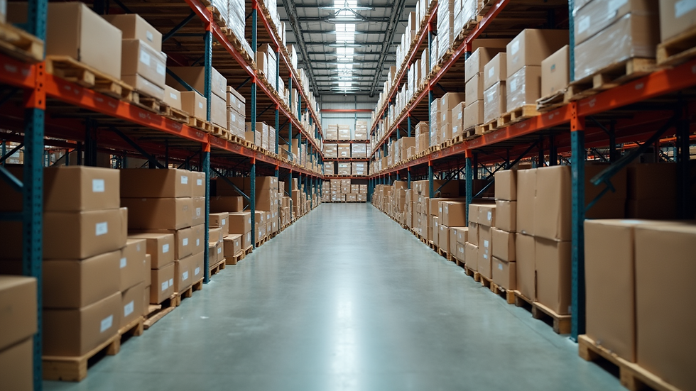 High angle view of warehouse shelving with organized boxes and pallets