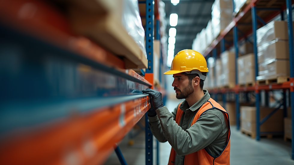 Close-up view of a worker securing a pallet rack beam to the upright frame