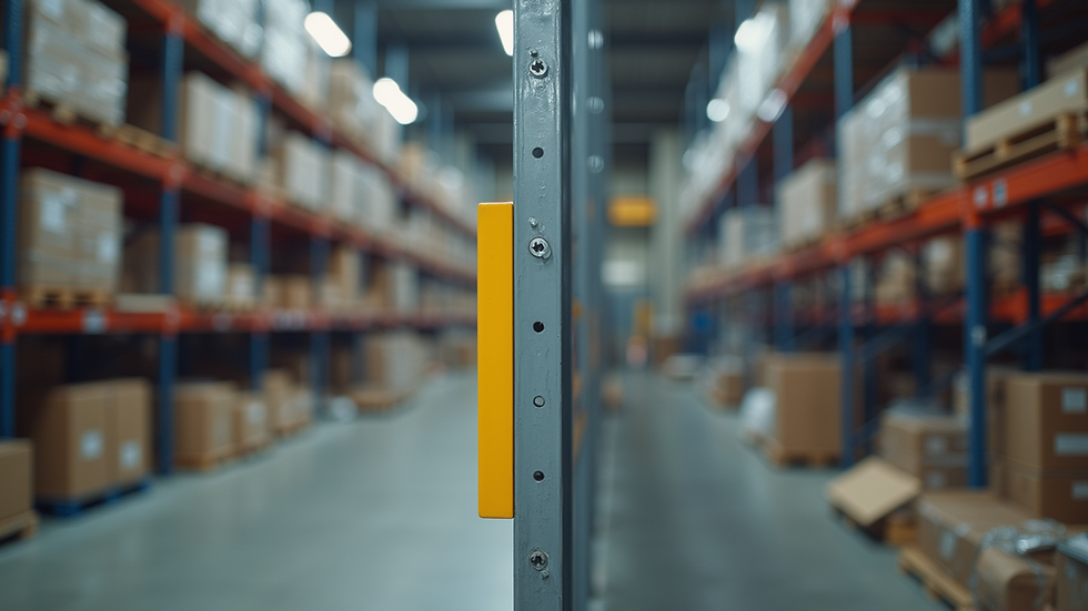 Close-up view of rack column protector installed in warehouse