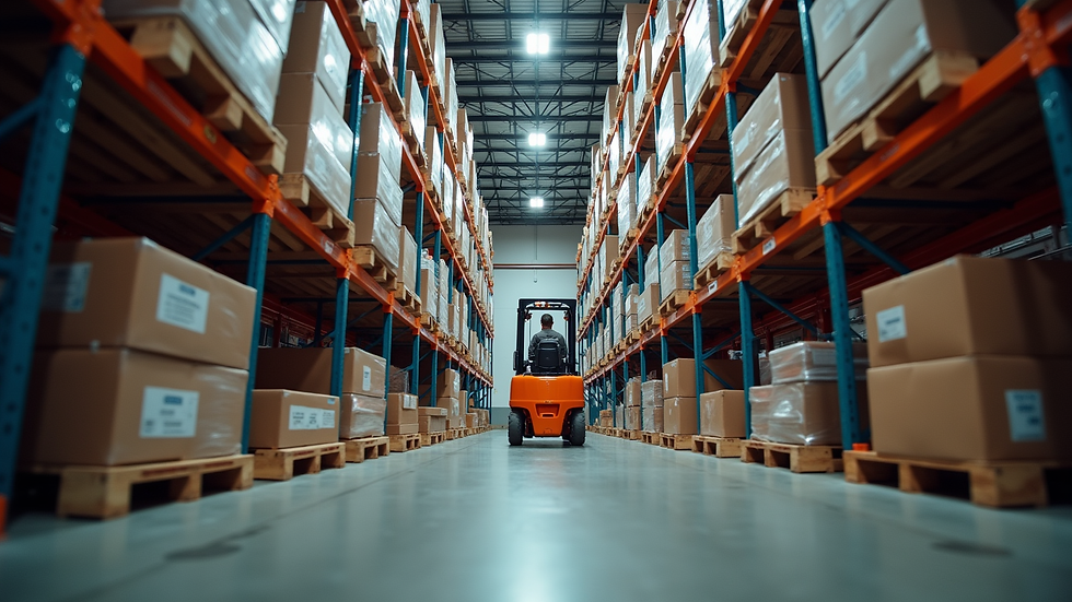 Eye-level view of warehouse worker operating forklift in wide aisle