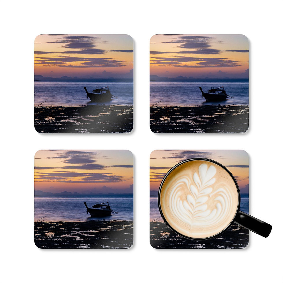 Thumbnail: Custom photo drink coaster set with local longtail boat on shore and sunrise at Railay Beach in Krabi, Thailand.