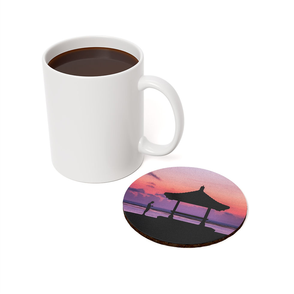 Thumbnail: Custom photo drink coaster set with image of a silhouetted pagoda on the beach against the colorful Bali sunrise.