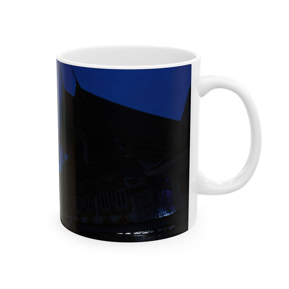 Thumbnail: Custom right-handed 11 ounce ceramic photo mug, back view, giant golden Buddha, Wat Paknam, Bangkok, Thailand.