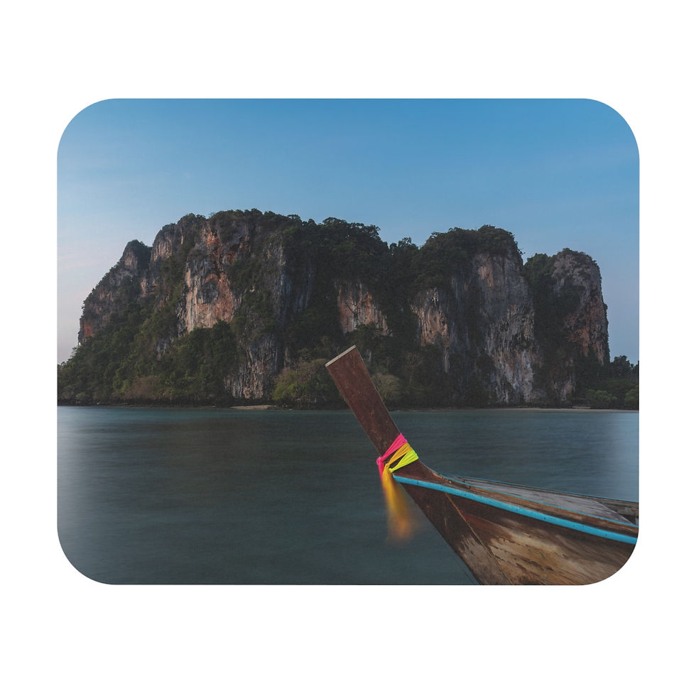 Custom photo mouse pad with longtail boat and limestone cliffs, Railay Beach, Krabi, Thailand.