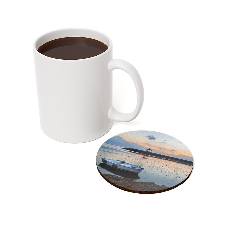 Thumbnail: Custom photo drink coaster set with image of a boat and pagodas at low tide, on the Bali beach at sunrise.