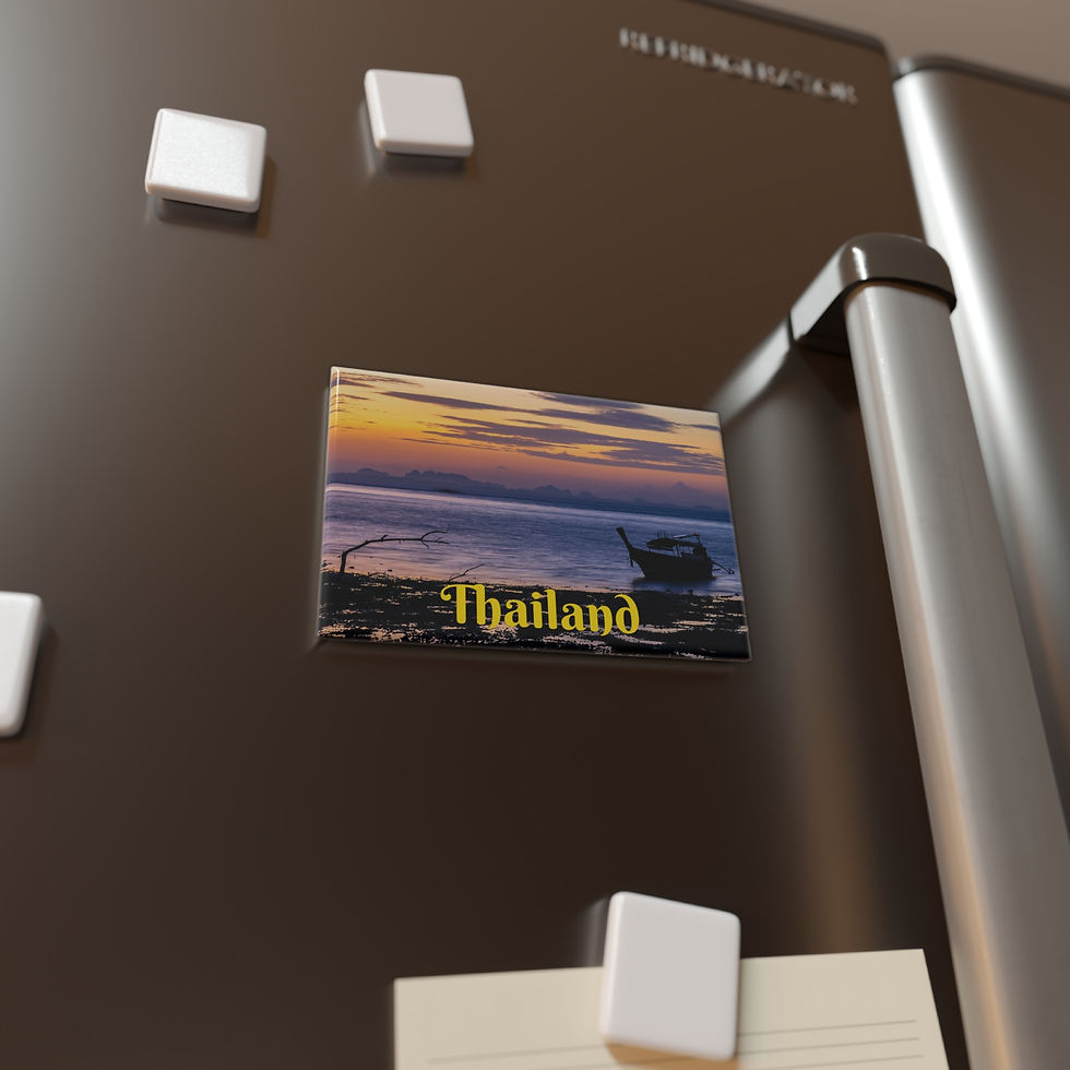 Thumbnail: Rectangular refrigerator magnet with colorful sunrise and longtail boat at Railay Beach in Krabi, Thailand.