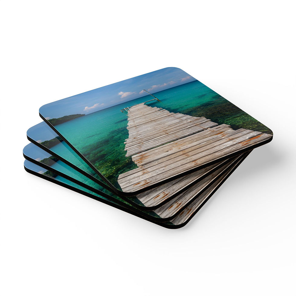 Thumbnail: Custom photo drink coaster set with image of a wooden pier jutting into an emerald-green bay on a tropical island in Thailand