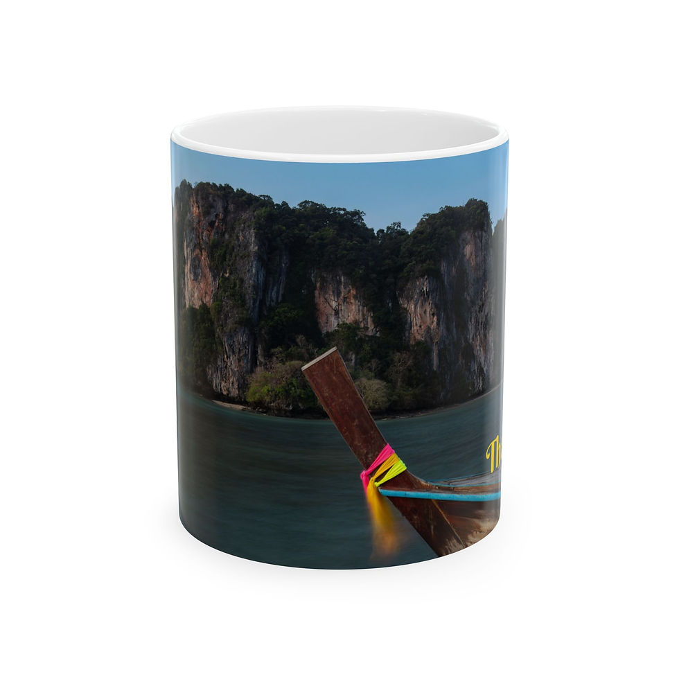 Thumbnail: Custom left-handed 11 ounce ceramic photo mug, end view, longtail boat, limestone cliffs, Railay Beach, Krabi, Thailand.