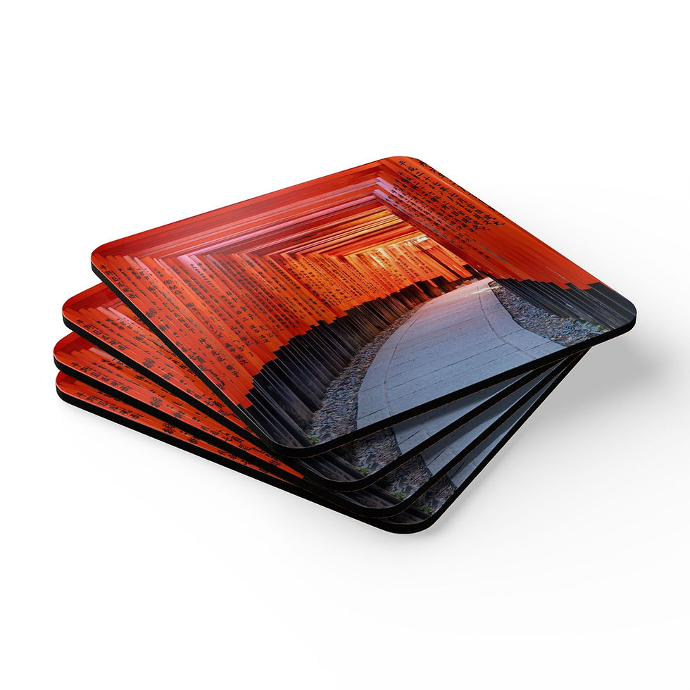 Thumbnail: Custom photo drink coaster set with image of the vermillion torii gates of Fushimi Inari shrine, in Kyoto, Japan.