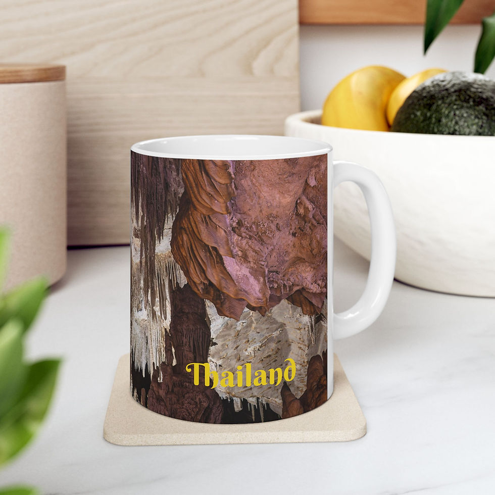 Thumbnail: Custom left-handed 11 ounce ceramic photo mug, front view, stalactites in Diamond Cave. Railay, Krabi, Thailand.