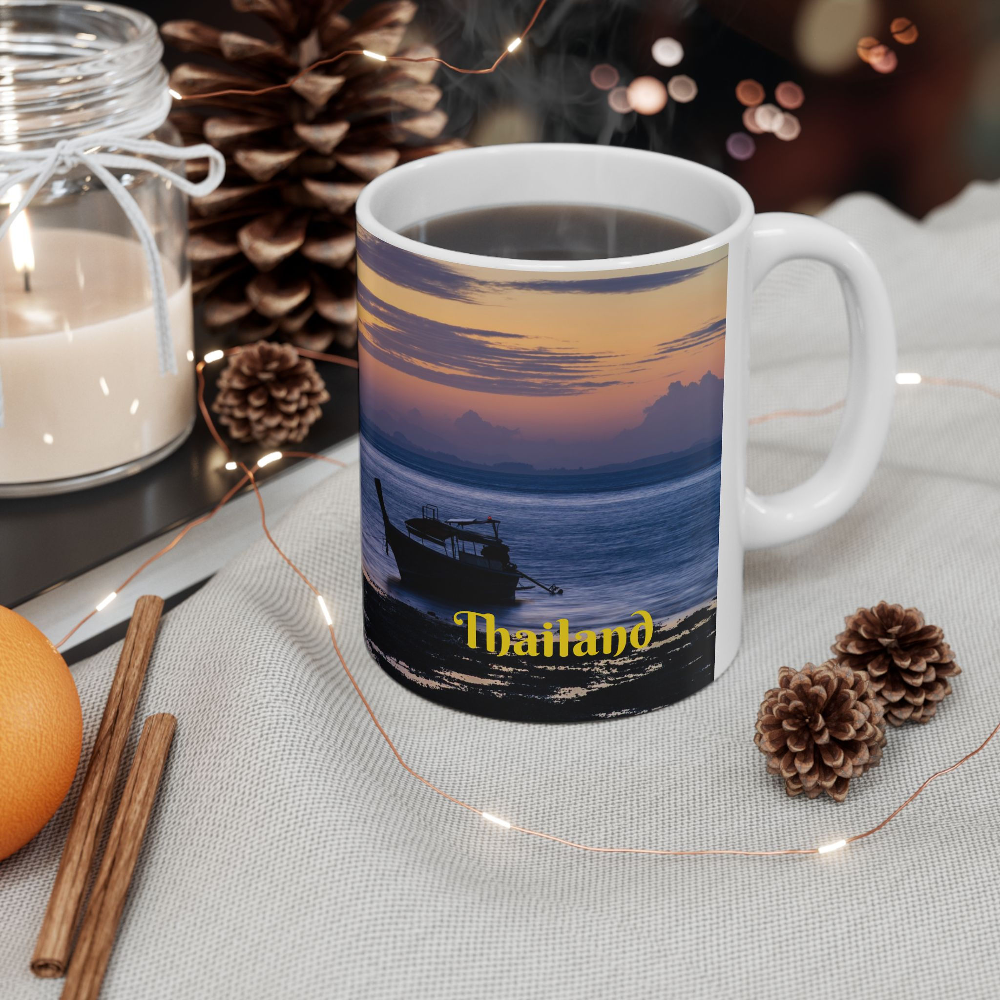 Custom left-handed 11 ounce ceramic photo mug, front view, tropical sunrise and longtail boat, Railay Beach, Krabi, Thailand.
