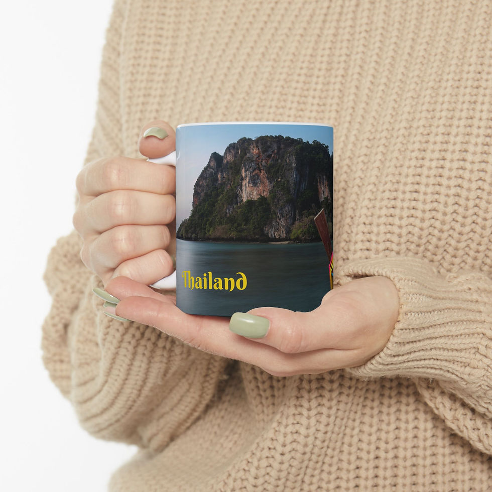 Thumbnail: Custom right-handed 11 ounce ceramic photo mug, front view, boat, limestone cliffs, Railay Beach, Krabi, Thailand.