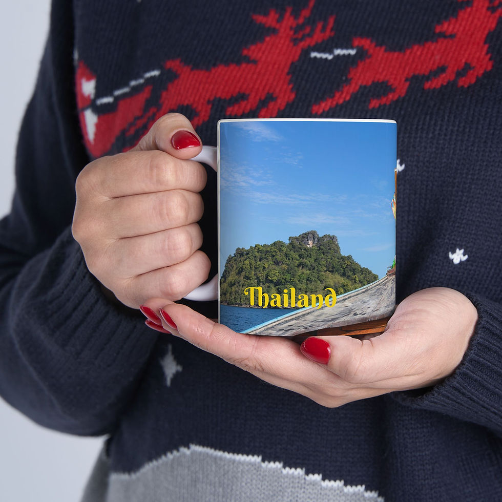 Thumbnail: Custom right-handed 11 ounce ceramic photo mug, front view, longtail boat and tropical islands, Krabi, Thailand.