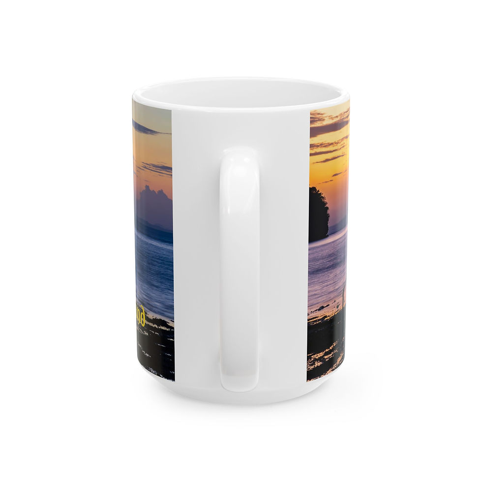 Thumbnail: Custom left-handed 15 ounce ceramic photo mug, handle view, tropical sunrise, longtail boat, Railay Beach, Krabi, Thailand.