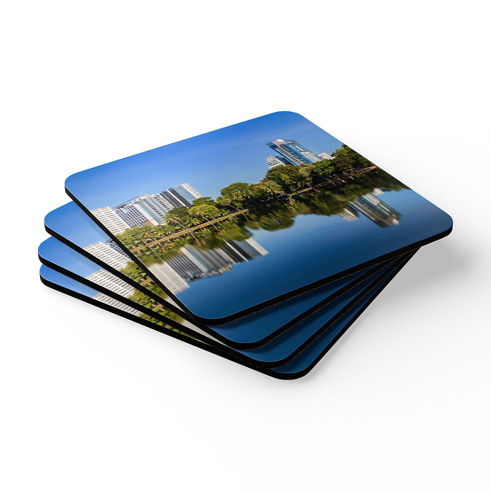 Thumbnail: Custom photo drink coaster set with image of the Bangkok city skyline with reflection in the lake in Lumphini Park.