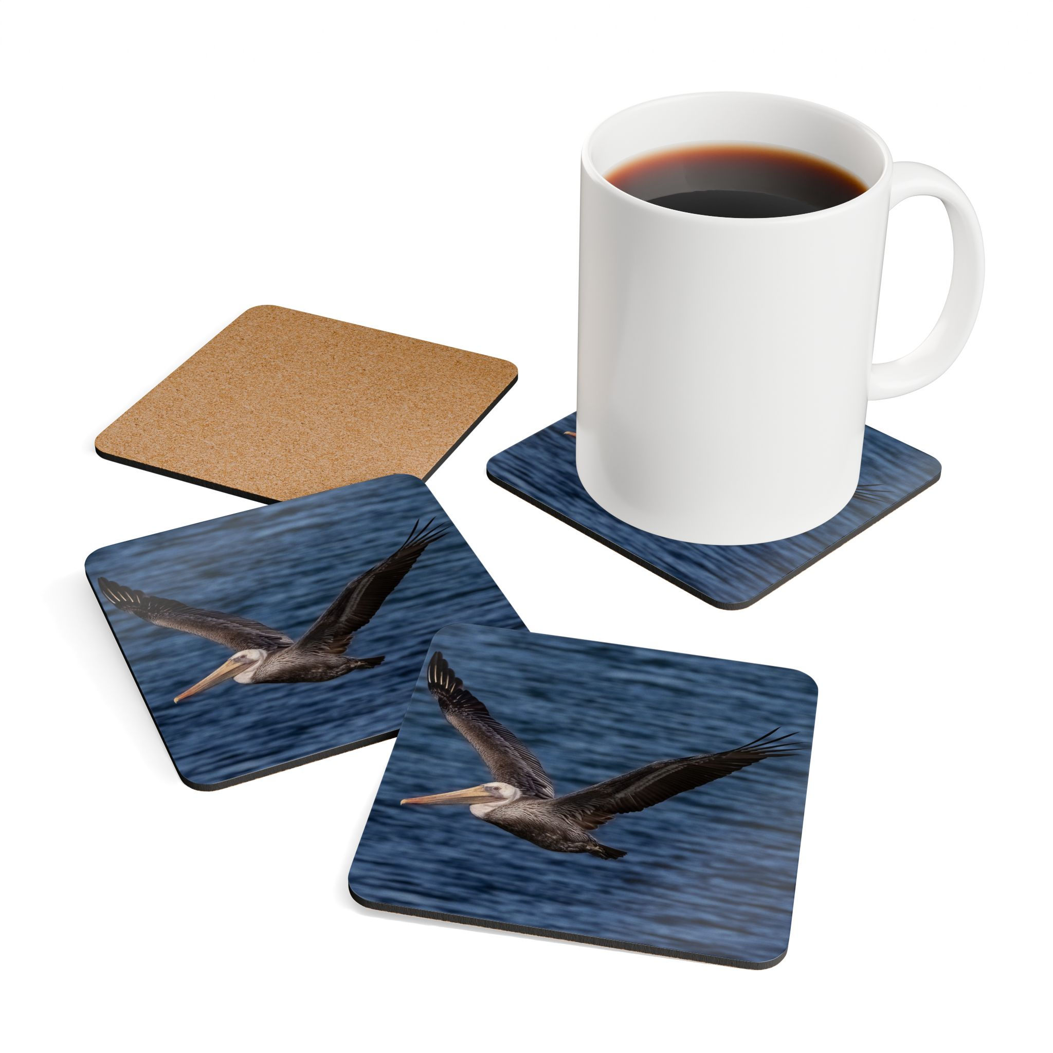 Wildlife - Pelican in Flight Eco-Friendly Cork-Backed Coasters (Set of 4)