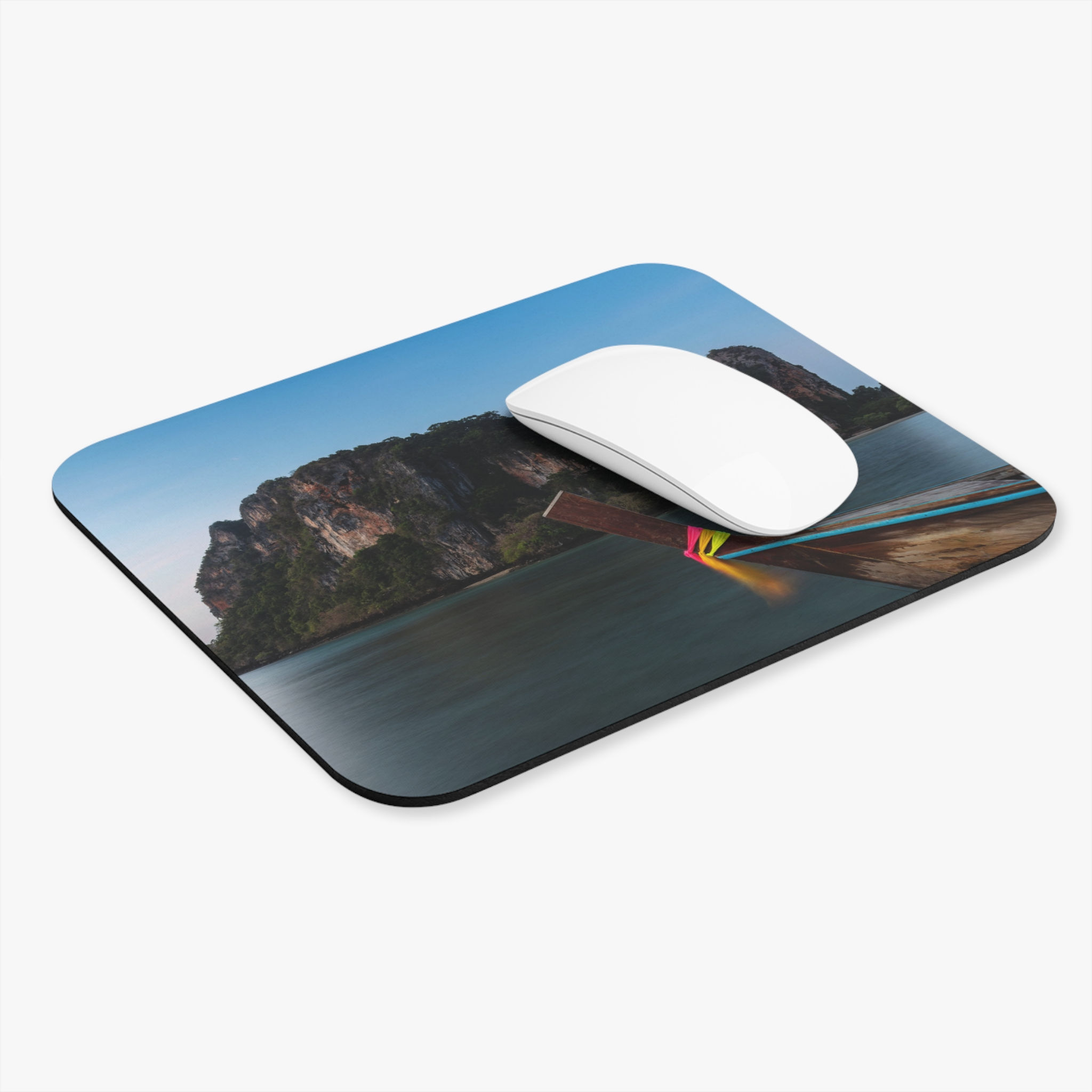 Custom photo mouse pad with longtail boat and limestone cliffs, Railay Beach, Krabi, Thailand.