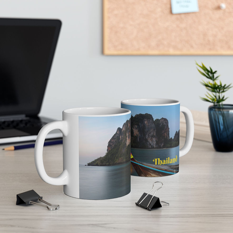 Thumbnail: Custom left-handed 11 ounce ceramic photo mug, front and back view, boat and limestone cliffs, Railay Beach, Krabi, Thailand.