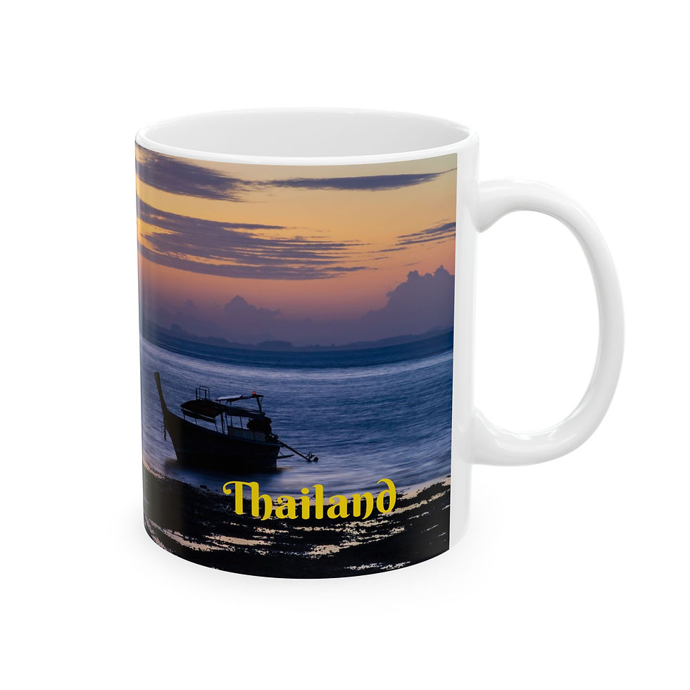 Thumbnail: Custom left-handed 11 ounce ceramic photo mug, front view, tropical sunrise and longtail boat, Railay Beach, Krabi, Thailand.