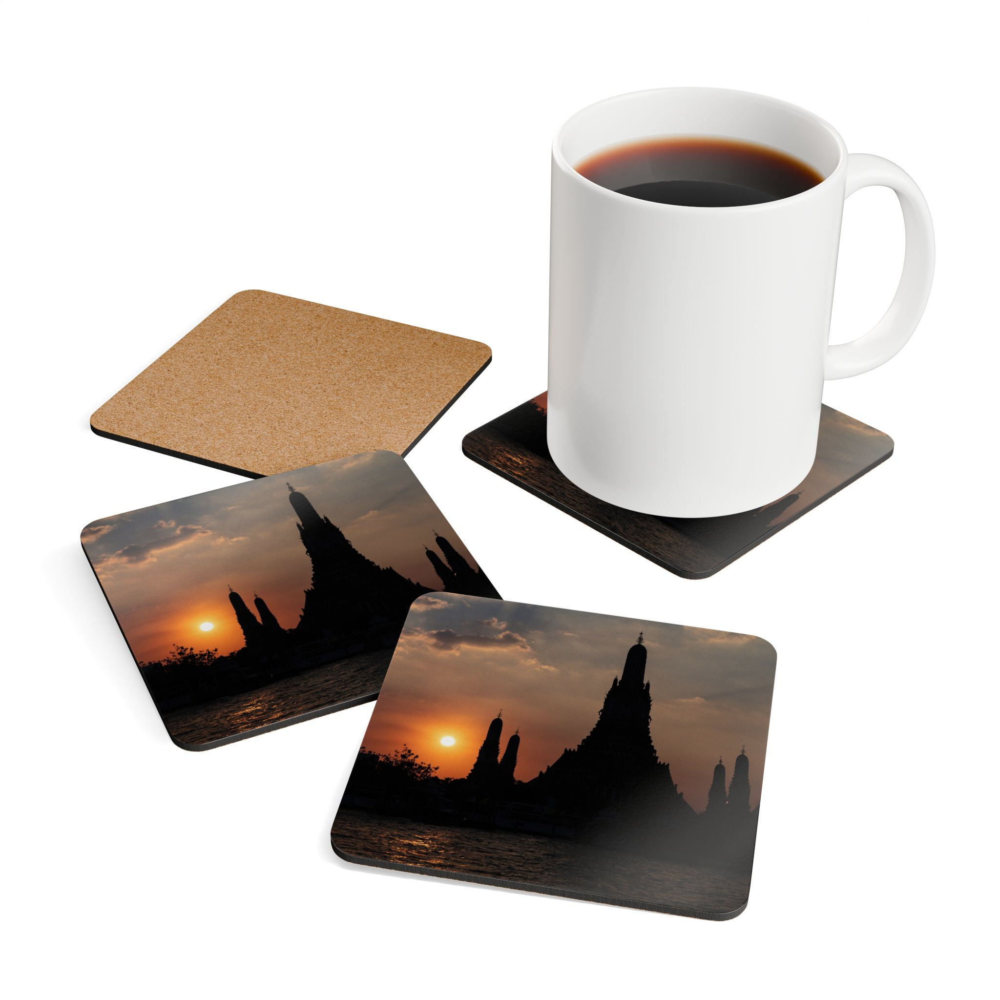 Thailand Temple Sunset Silhouette Eco-Friendly Cork Coasters - Set of 4