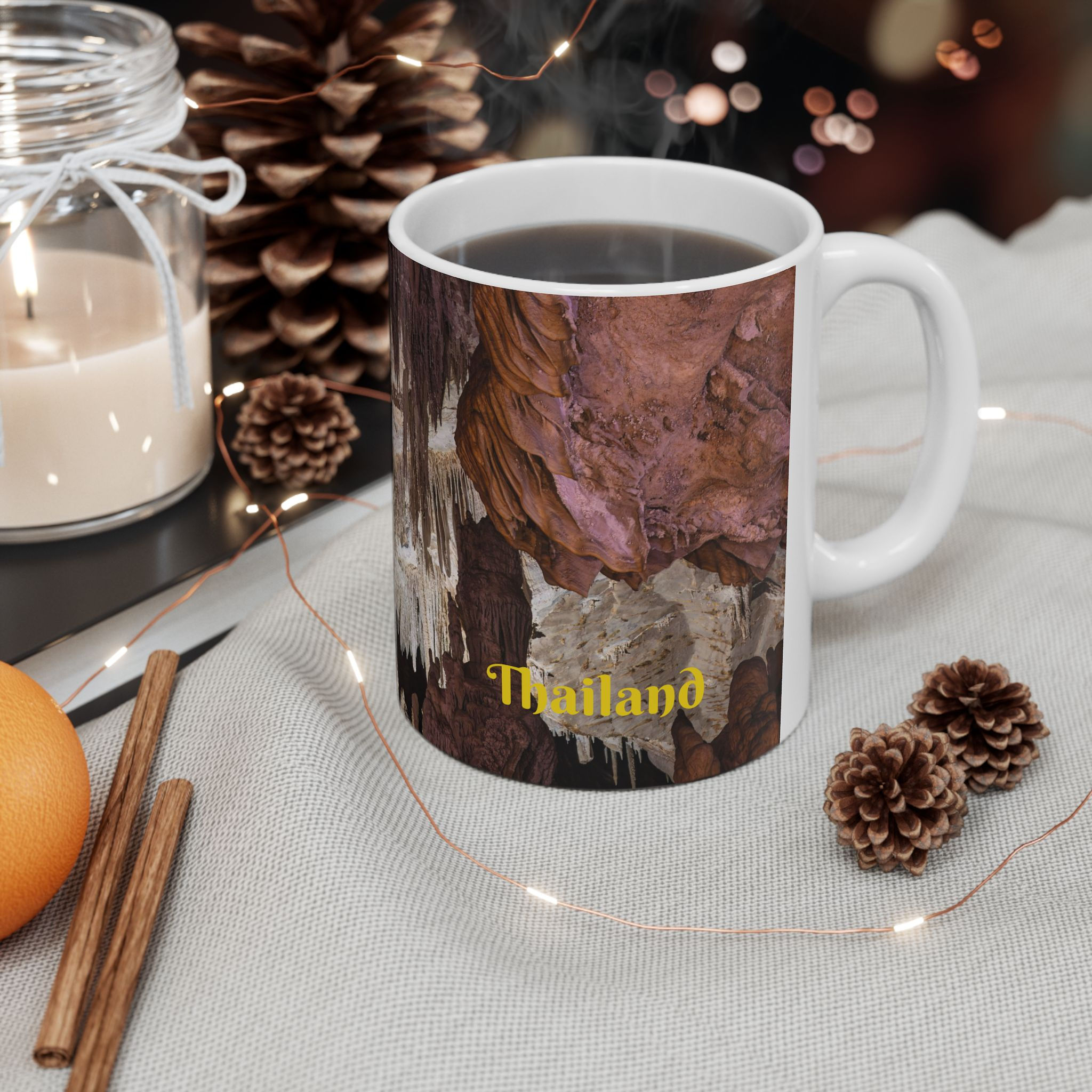 Custom left-handed 11 ounce ceramic photo mug, front view, stalactites in Diamond Cave. Railay, Krabi, Thailand.