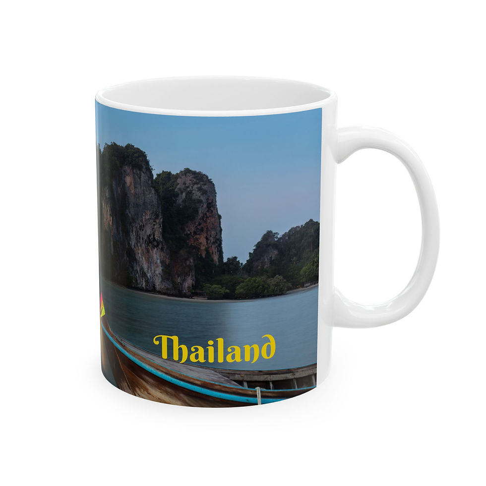 Thumbnail: Custom left-handed 11 ounce ceramic photo mug, front view, longtail boat, limestone cliffs, Railay Beach, Krabi, Thailand.