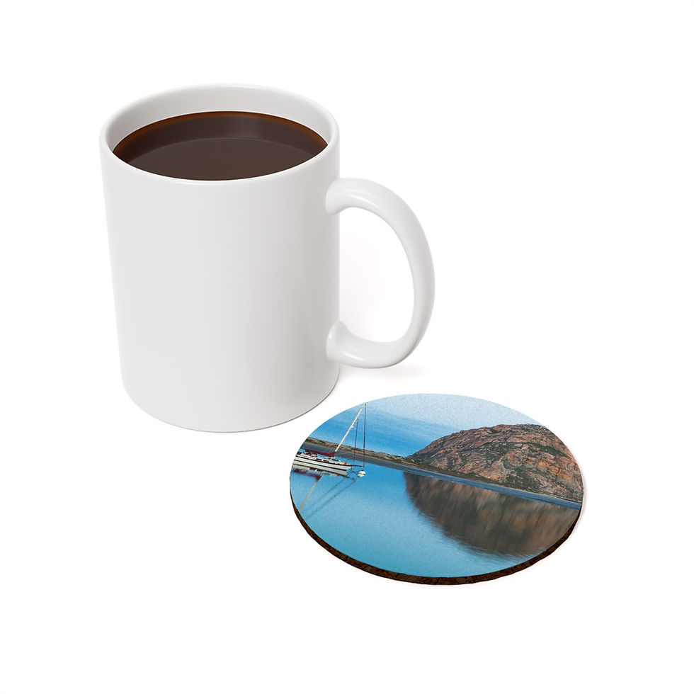 Thumbnail: Custom single photo drink coaster with image of Morro Bay, California, with Morro Rock reflected on the water.