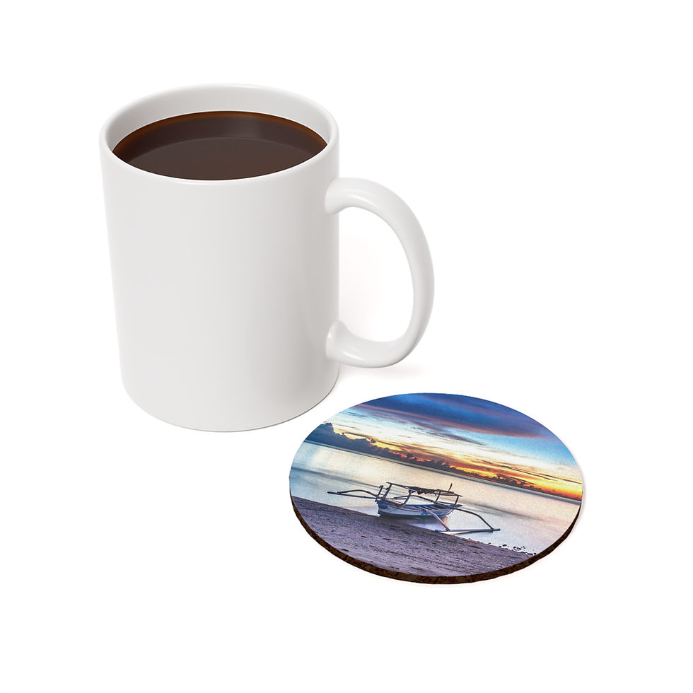 Thumbnail: Custom single photo drink coaster with image of an outrigger boat on the serene northern Bali coastline at sunset.