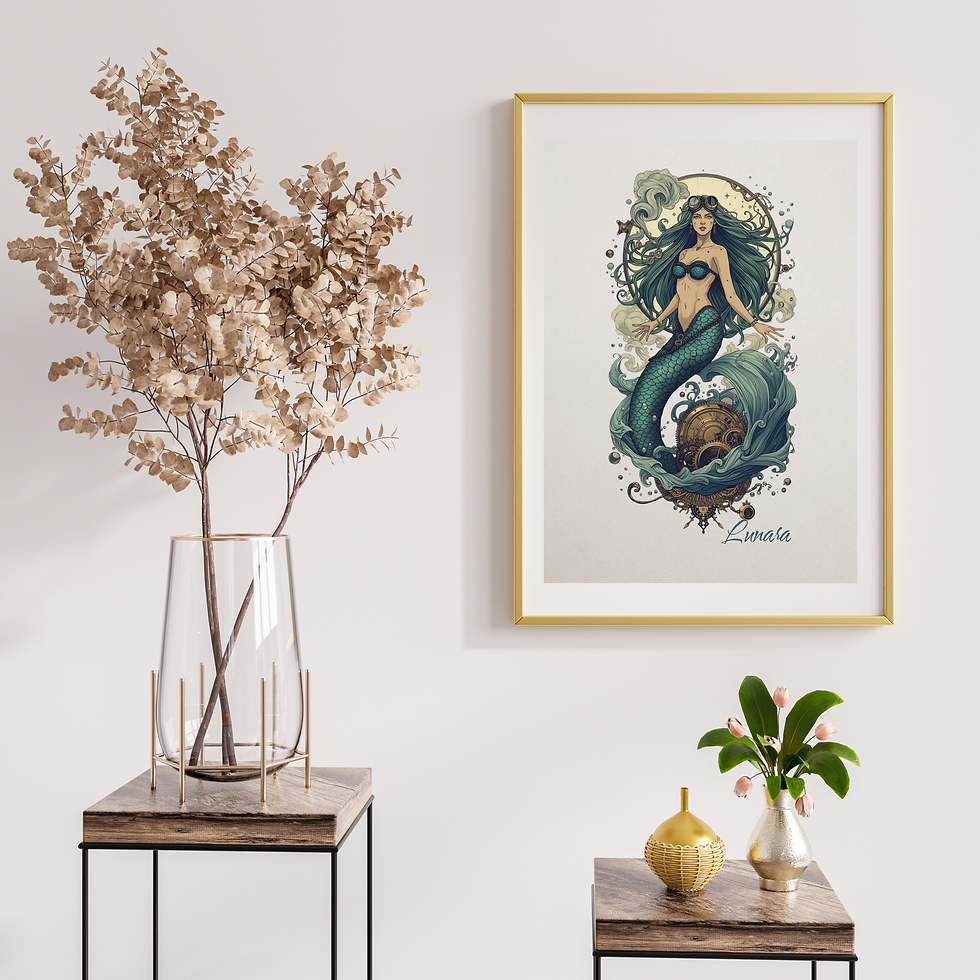Thumbnail: Framed Lunara steampunk mermaid printable wall art displayed in a modern neutral home interior with gold frame styling.