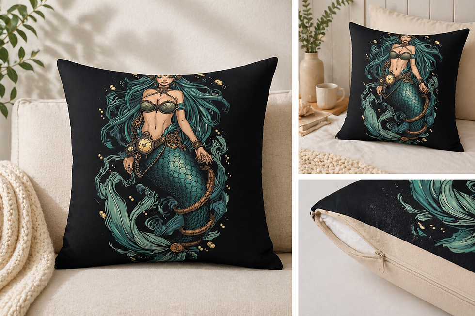 Thumbnail: Steampunk mermaid cushion styled on sofa, bed view, and zip detail close-up