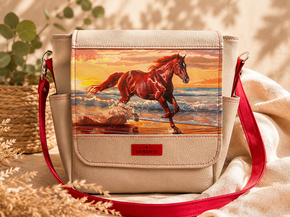 Thumbnail: Beige horse crossbody handbag with running horse artwork panel