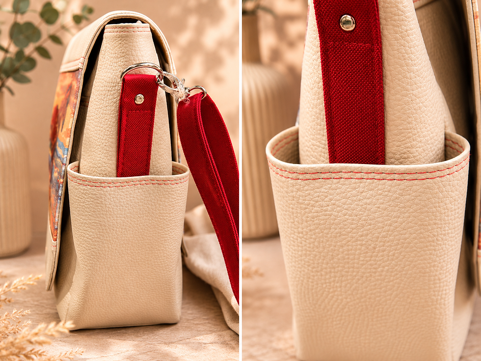 Thumbnail: Beige horse handbag side pockets with red strap detail