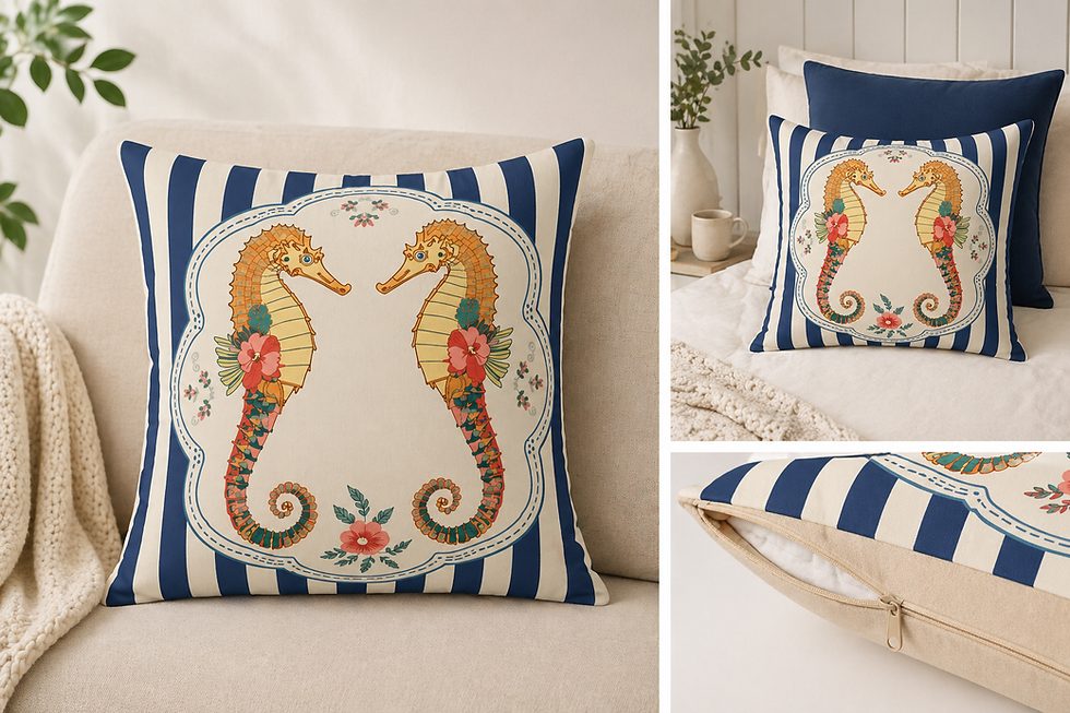 Seahorse striped cushion on neutral sofa and bed with close-up of zip and faux suede backing