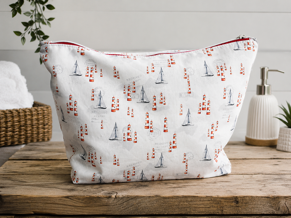 Large handmade coastal wash bag with lighthouse and sailboat print featuring red zip detail by Love Livvy.
