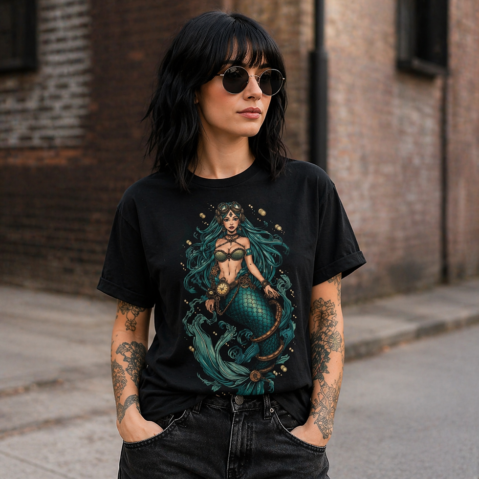 Model wearing Coralyn steampunk mermaid t shirt front view