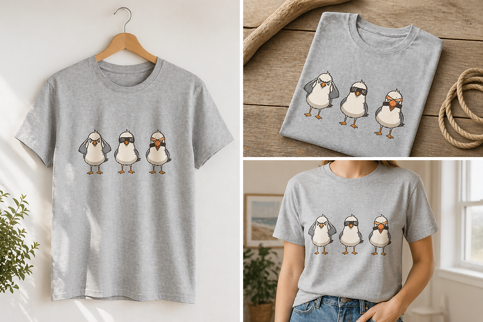 Gray t-shirt with three cartoon seagulls design displayed on hanger, folded on wooden surface, and worn casually.