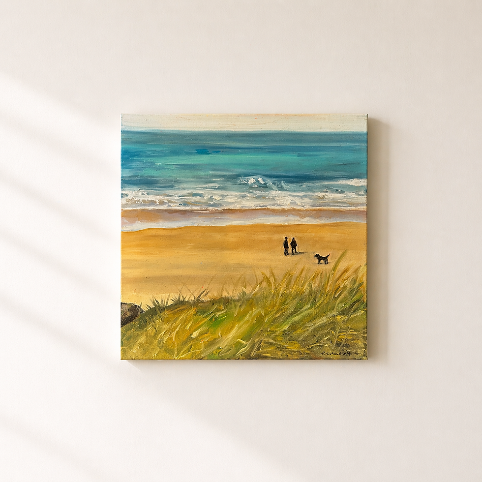 Oil painting of a Cornish beach scene with waves, golden sand, and two figures walking a dog, by Ellie Wallis