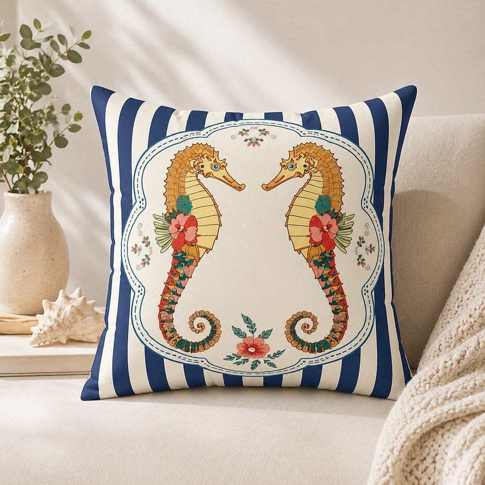 Seahorse decorative cushion on neutral sofa with blue striped design and coastal styling