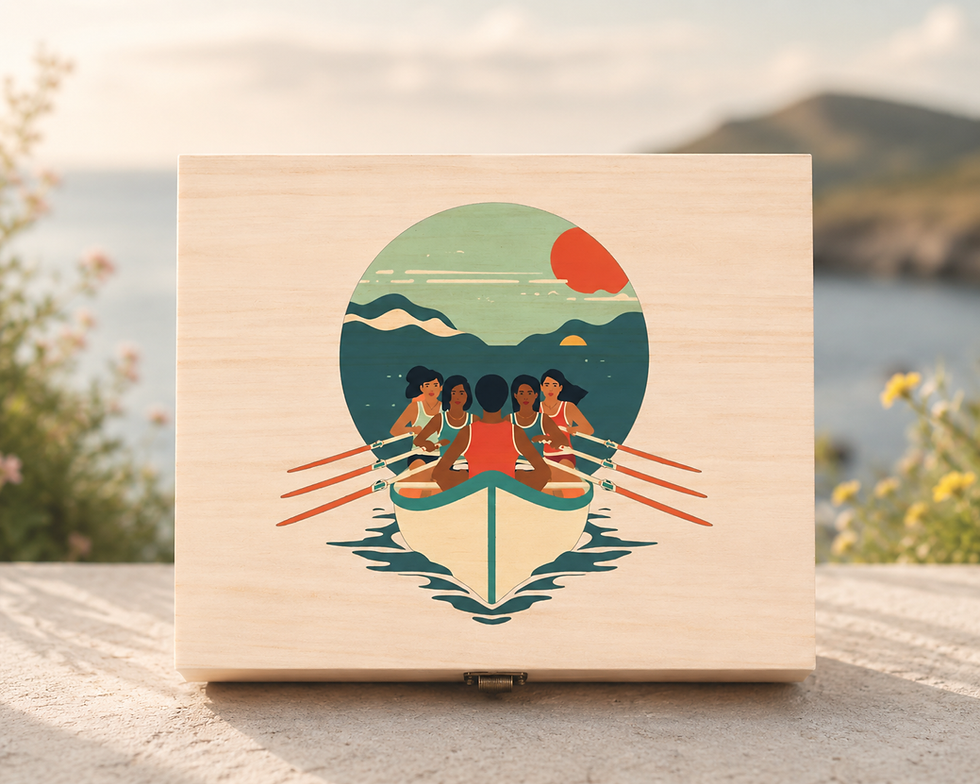 Wooden keepsake box featuring an illustration of women gig rowers against a soft coastal background