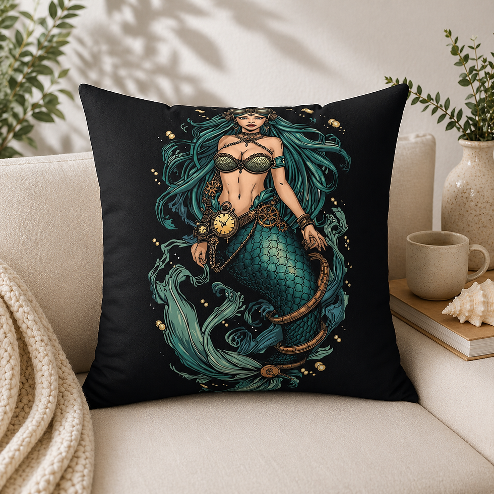 Steampunk mermaid cushion on neutral sofa with soft textures and greenery