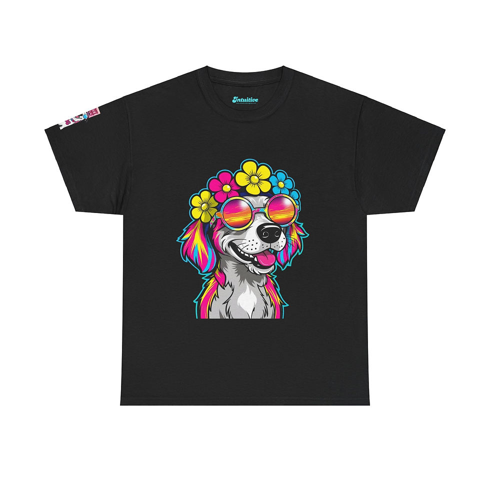 Tee shirt with Hippy Happy Dog Aloof design.
