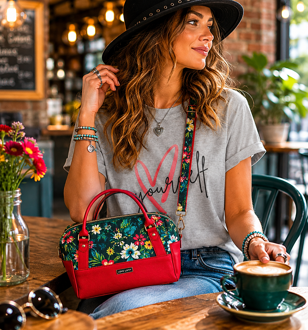 Woman wearing a grey ‘yourself’ slogan t-shirt and black hat, styling a colourful Love Livvy floral handbag in a cosy café se