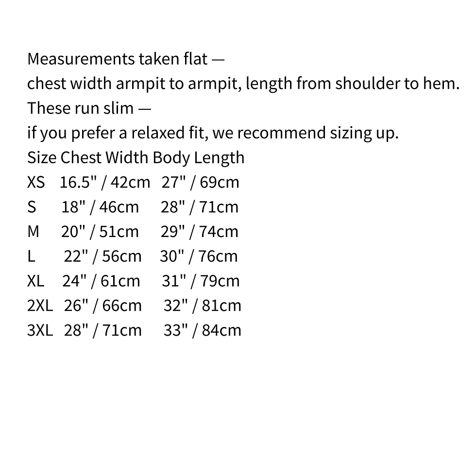 Thumbnail: Clothing size guide chart showing chest width and body length measurements from XS to 3XL with sizing advice